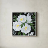 White Roses I by Farida Zaman. Shown in a crisp white glass frame for a clean and minimalist style. Available as an archival giclee rolled canvas, fine art paper, or poster print. SKU 104321a.
