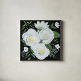 White Roses II by Farida Zaman. Shown in a sleek black glass frame for a contemporary gallery look. Available as an archival giclee rolled canvas, fine art paper, or poster print. SKU 104322a.