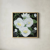 White Roses II by Farida Zaman. Shown in a natural wood glass frame for a timeless modern aesthetic. Available as an archival giclee rolled canvas, fine art paper, or poster print. SKU 104322a.