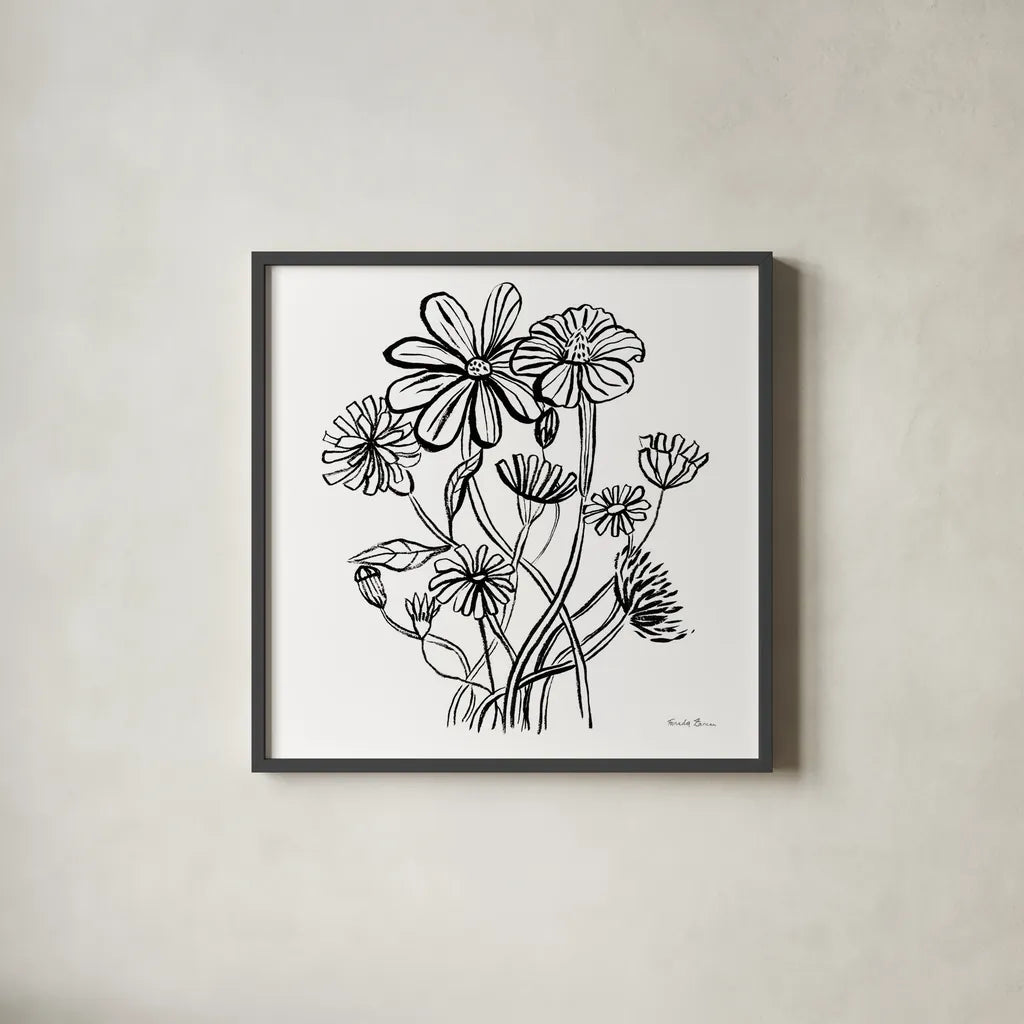Wild Flowers Line I by Farida Zaman. Shown in a sleek black glass frame for a contemporary gallery look. Available as an archival giclee rolled canvas, fine art paper, or poster print. SKU 58631a.