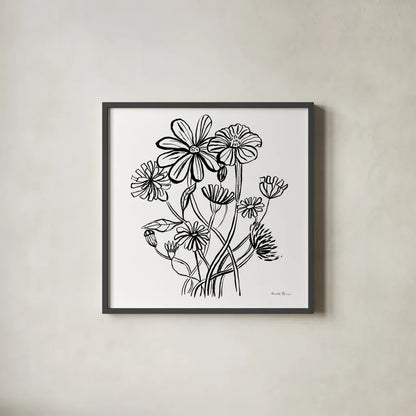 Wild Flowers Line I by Farida Zaman. Shown in a sleek black glass frame for a contemporary gallery look. Available as an archival giclee rolled canvas, fine art paper, or poster print. SKU 58631a.