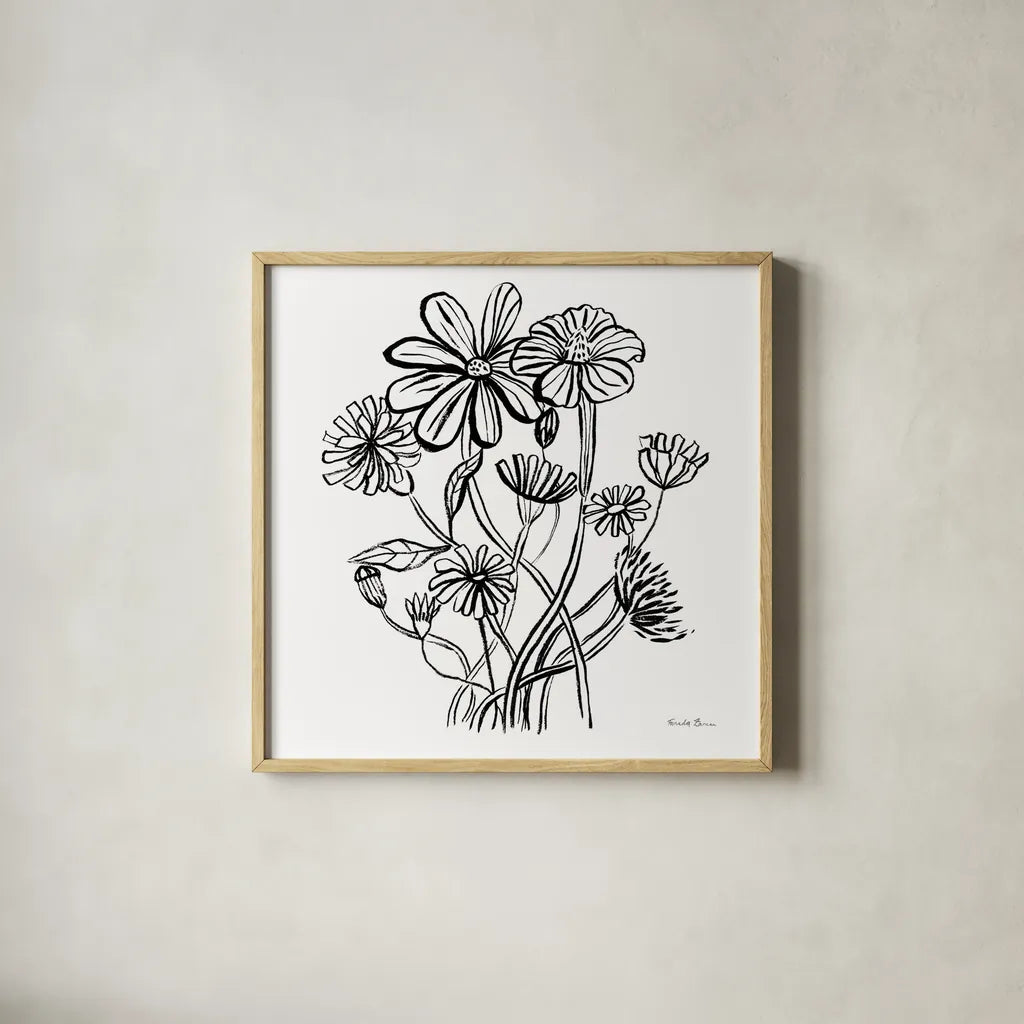 Wild Flowers Line I by Farida Zaman. Shown in a natural wood glass frame for a timeless modern aesthetic. Available as an archival giclee rolled canvas, fine art paper, or poster print. SKU 58631a.