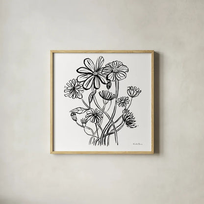 Wild Flowers Line I by Farida Zaman. Shown in a natural wood glass frame for a timeless modern aesthetic. Available as an archival giclee rolled canvas, fine art paper, or poster print. SKU 58631a.