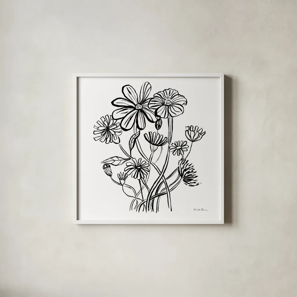Wild Flowers Line I by Farida Zaman. Shown in a crisp white glass frame for a clean and minimalist style. Available as an archival giclee rolled canvas, fine art paper, or poster print. SKU 58631a.
