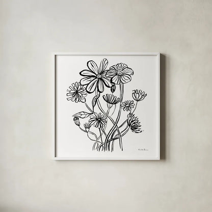 Wild Flowers Line I by Farida Zaman. Shown in a crisp white glass frame for a clean and minimalist style. Available as an archival giclee rolled canvas, fine art paper, or poster print. SKU 58631a.
