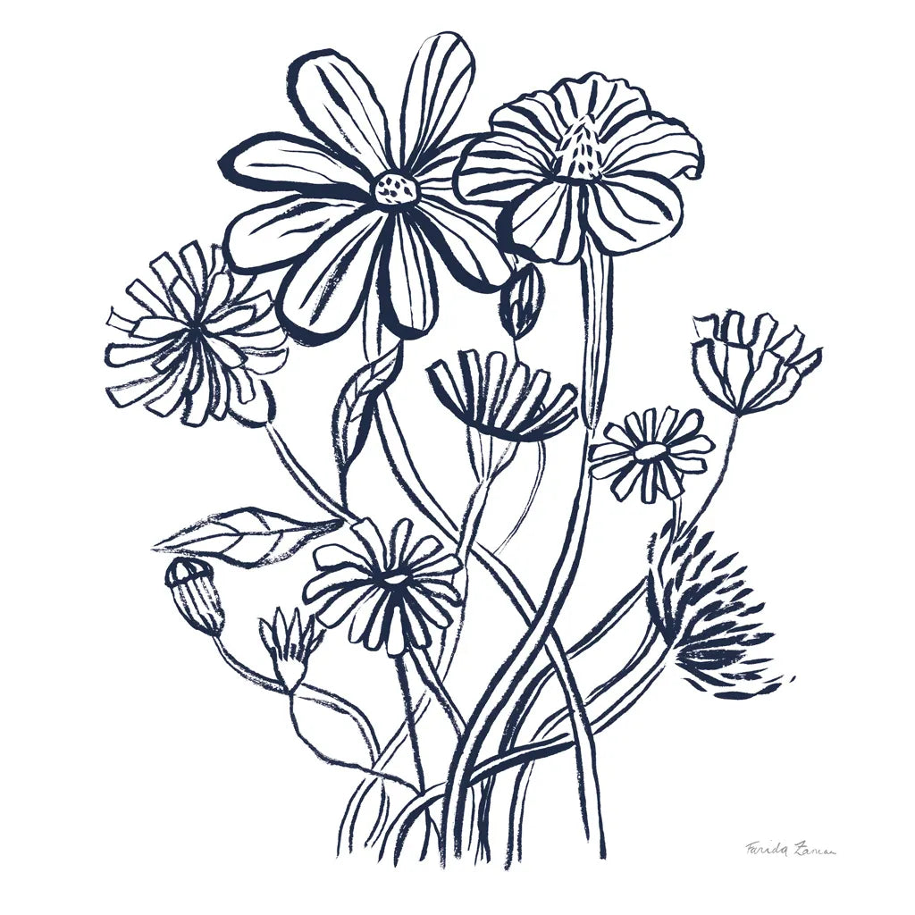 Wild Flowers Line I Navy by Farida Zaman. SKU 62297a. Archival Giclee Fine art print for wall decor.