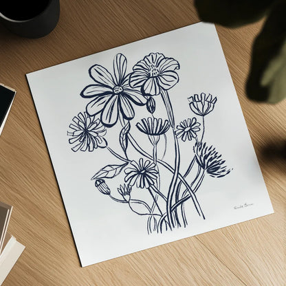 Wild Flowers Line I Navy by Farida Zaman. Shown as a detailed flat fine art print, highlighting archival giclee quality. Available as an archival giclee rolled canvas, fine art paper, or poster print. SKU 62297a.