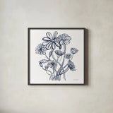 Wild Flowers Line I Navy by Farida Zaman. Shown in a sleek black glass frame for a contemporary gallery look. Available as an archival giclee rolled canvas, fine art paper, or poster print. SKU 62297a.