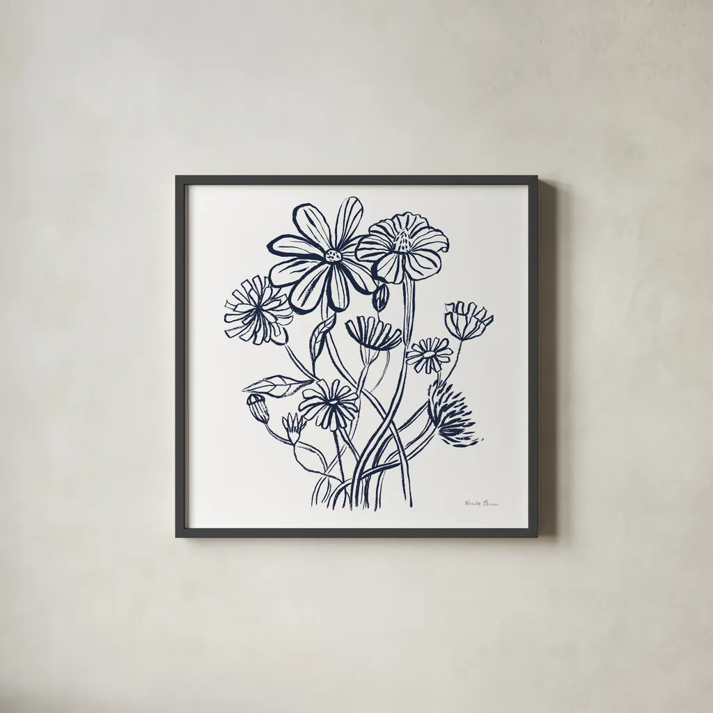 Wild Flowers Line I Navy by Farida Zaman. Shown in a sleek black glass frame for a contemporary gallery look. Available as an archival giclee rolled canvas, fine art paper, or poster print. SKU 62297a.