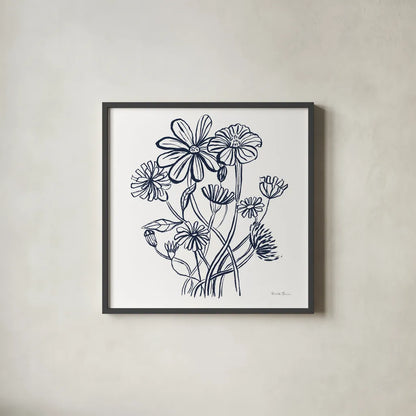 Wild Flowers Line I Navy by Farida Zaman. Shown in a sleek black glass frame for a contemporary gallery look. Available as an archival giclee rolled canvas, fine art paper, or poster print. SKU 62297a.