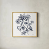 Wild Flowers Line I Navy by Farida Zaman. Shown in a natural wood glass frame for a timeless modern aesthetic. Available as an archival giclee rolled canvas, fine art paper, or poster print. SKU 62297a.