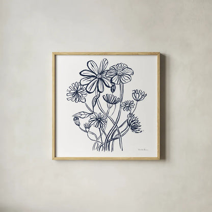 Wild Flowers Line I Navy by Farida Zaman. Shown in a natural wood glass frame for a timeless modern aesthetic. Available as an archival giclee rolled canvas, fine art paper, or poster print. SKU 62297a.
