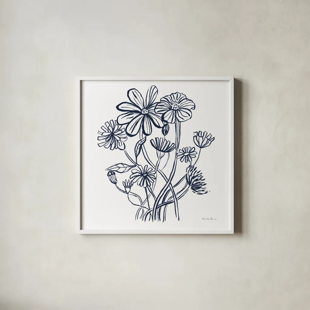 Wild Flowers Line I Navy by Farida Zaman. Shown in a crisp white glass frame for a clean and minimalist style. Available as an archival giclee rolled canvas, fine art paper, or poster print. SKU 62297a.