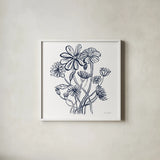 Wild Flowers Line I Navy by Farida Zaman. Shown in a crisp white glass frame for a clean and minimalist style. Available as an archival giclee rolled canvas, fine art paper, or poster print. SKU 62297a.