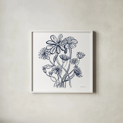 Wild Flowers Line I Navy by Farida Zaman. Shown in a crisp white glass frame for a clean and minimalist style. Available as an archival giclee rolled canvas, fine art paper, or poster print. SKU 62297a.