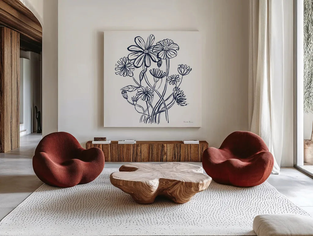 Wild Flowers Line I Navy by Farida Zaman. Shown as extra-large giant wall art in a modern living room. Available as an archival giclee rolled canvas, fine art paper, or poster print. SKU 62297a.