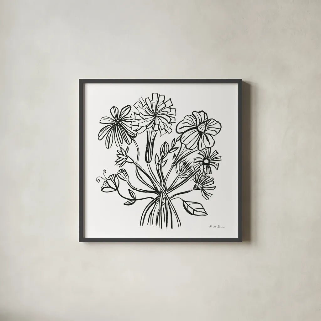 Wild Flowers Line II by Farida Zaman. Shown in a sleek black glass frame for a contemporary gallery look. Available as an archival giclee rolled canvas, fine art paper, or poster print. SKU 58632a.