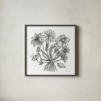 Wild Flowers Line II by Farida Zaman. Shown in a sleek black glass frame for a contemporary gallery look. Available as an archival giclee rolled canvas, fine art paper, or poster print. SKU 58632a.