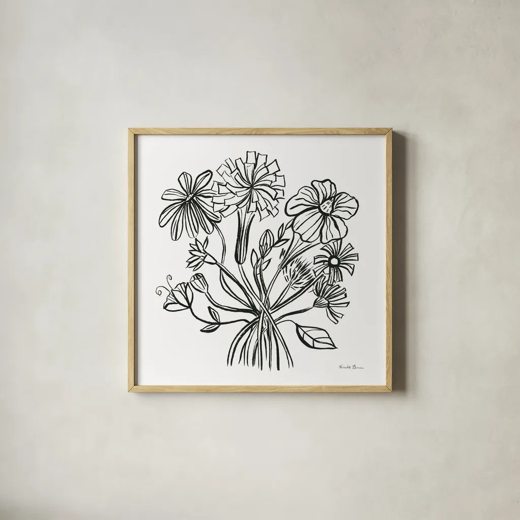 Wild Flowers Line II by Farida Zaman. Shown in a natural wood glass frame for a timeless modern aesthetic. Available as an archival giclee rolled canvas, fine art paper, or poster print. SKU 58632a.