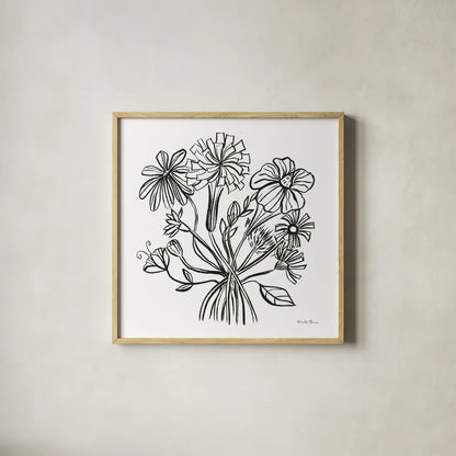 Wild Flowers Line II by Farida Zaman. Shown in a natural wood glass frame for a timeless modern aesthetic. Available as an archival giclee rolled canvas, fine art paper, or poster print. SKU 58632a.
