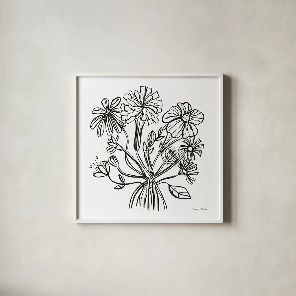 Wild Flowers Line II by Farida Zaman. Shown in a crisp white glass frame for a clean and minimalist style. Available as an archival giclee rolled canvas, fine art paper, or poster print. SKU 58632a.