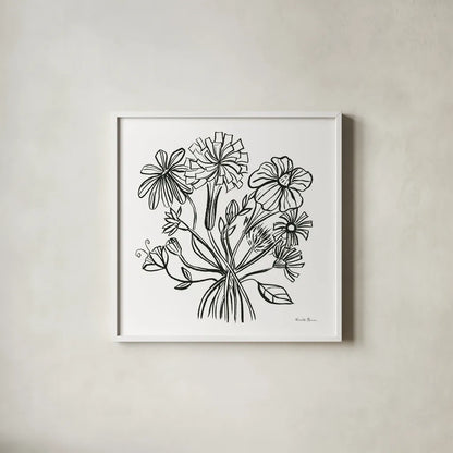 Wild Flowers Line II by Farida Zaman. Shown in a crisp white glass frame for a clean and minimalist style. Available as an archival giclee rolled canvas, fine art paper, or poster print. SKU 58632a.