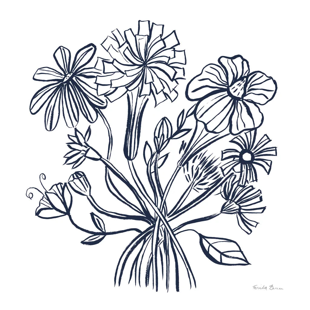 Wild Flowers Line II Navy by Farida Zaman. SKU 62298a. Archival Giclee Fine art print for wall decor.