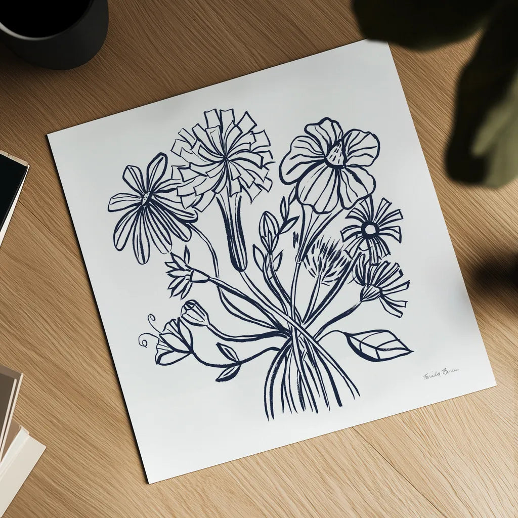Wild Flowers Line II Navy by Farida Zaman. Shown as a detailed flat fine art print, highlighting archival giclee quality. Available as an archival giclee rolled canvas, fine art paper, or poster print. SKU 62298a.