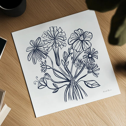 Wild Flowers Line II Navy by Farida Zaman. Shown as a detailed flat fine art print, highlighting archival giclee quality. Available as an archival giclee rolled canvas, fine art paper, or poster print. SKU 62298a.