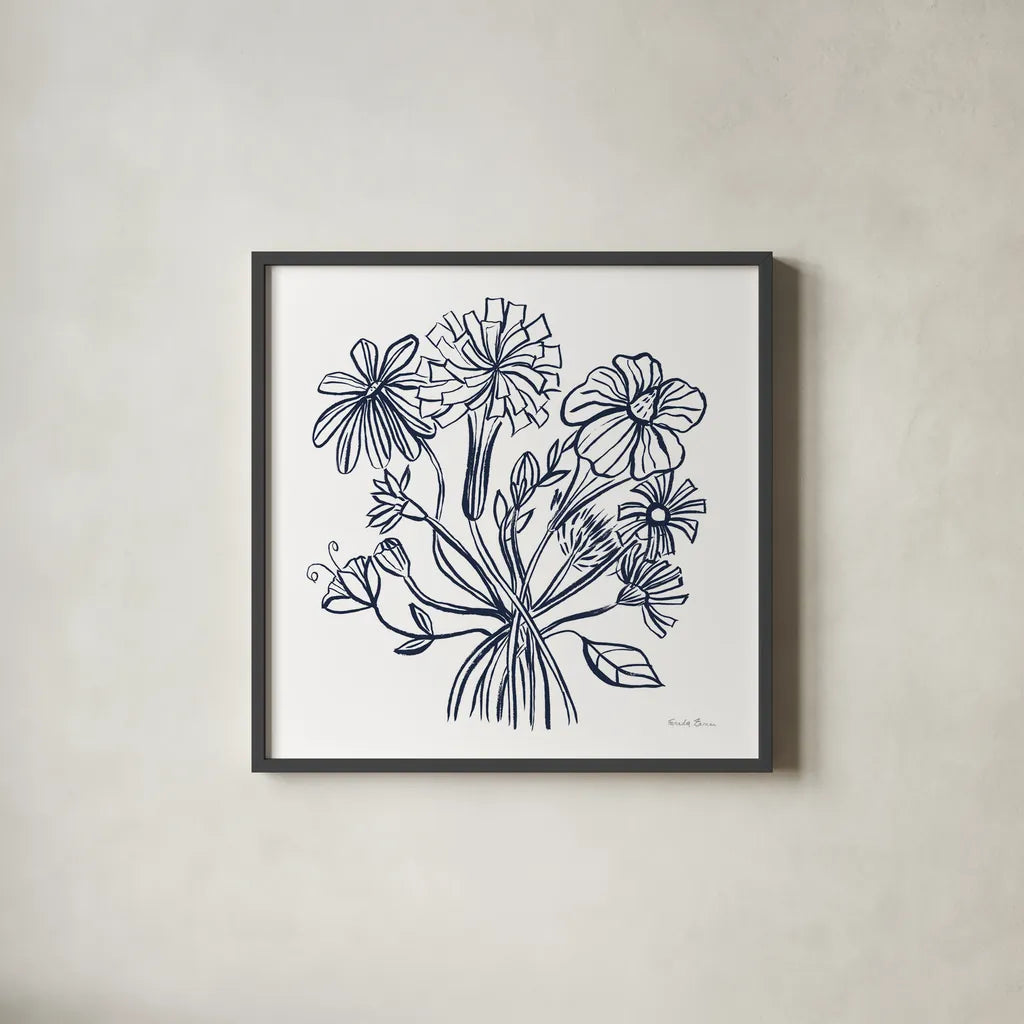 Wild Flowers Line II Navy by Farida Zaman. Shown in a sleek black glass frame for a contemporary gallery look. Available as an archival giclee rolled canvas, fine art paper, or poster print. SKU 62298a.