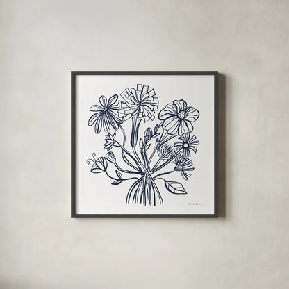Wild Flowers Line II Navy by Farida Zaman. Shown in a sleek black glass frame for a contemporary gallery look. Available as an archival giclee rolled canvas, fine art paper, or poster print. SKU 62298a.