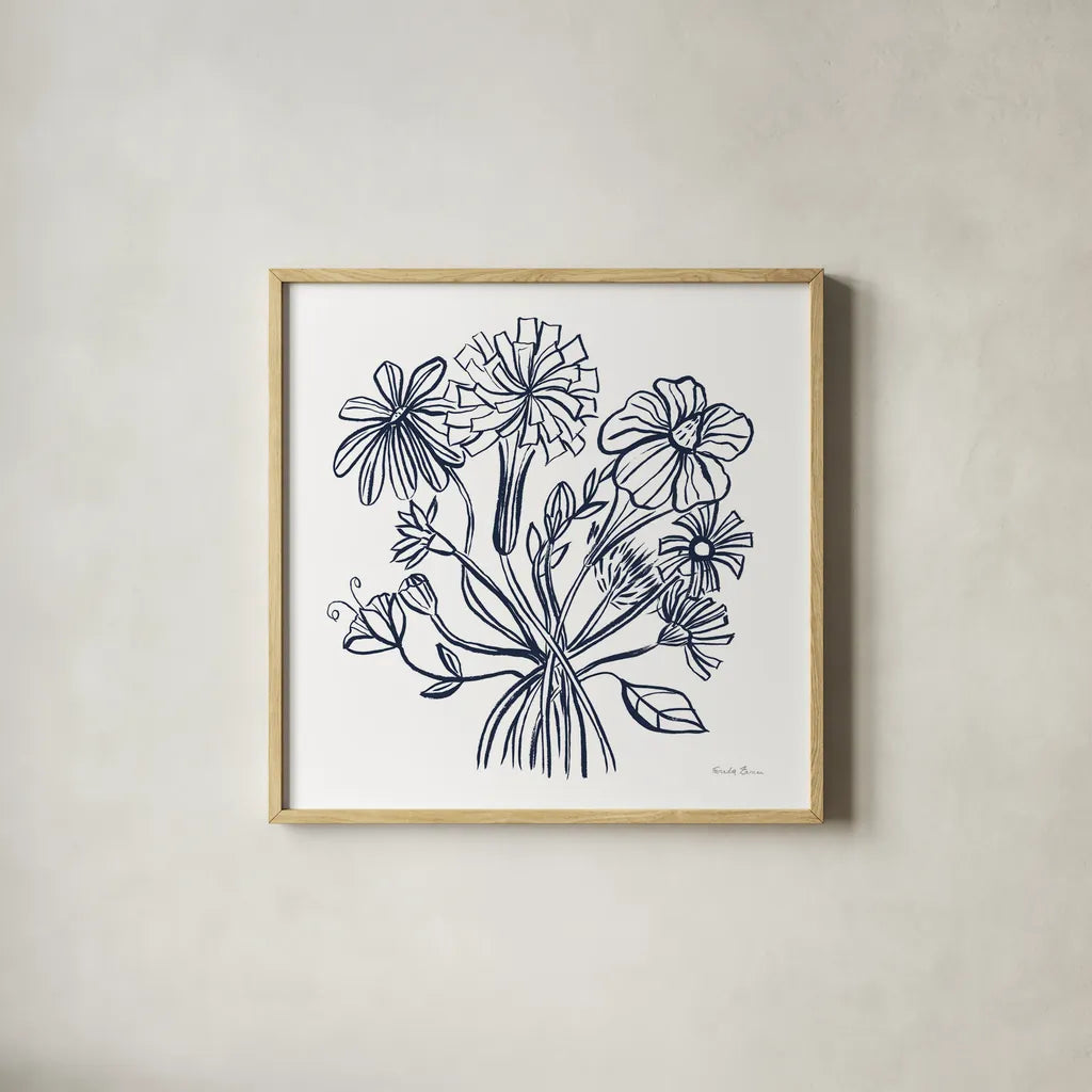 Wild Flowers Line II Navy by Farida Zaman. Shown in a natural wood glass frame for a timeless modern aesthetic. Available as an archival giclee rolled canvas, fine art paper, or poster print. SKU 62298a.