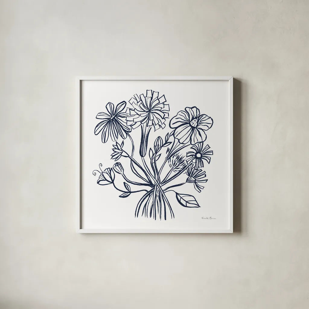Wild Flowers Line II Navy by Farida Zaman. Shown in a crisp white glass frame for a clean and minimalist style. Available as an archival giclee rolled canvas, fine art paper, or poster print. SKU 62298a.