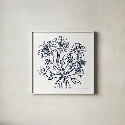 Wild Flowers Line II Navy by Farida Zaman. Shown in a crisp white glass frame for a clean and minimalist style. Available as an archival giclee rolled canvas, fine art paper, or poster print. SKU 62298a.