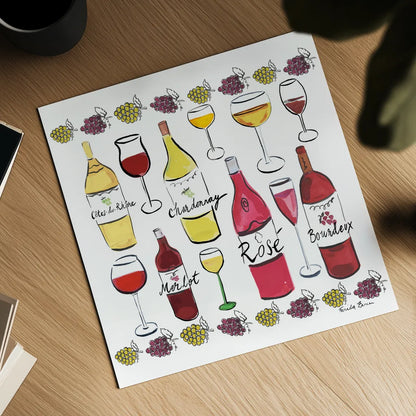 Wine Time I by Farida Zaman. Shown as a detailed flat fine art print, highlighting archival giclee quality. Available as an archival giclee rolled canvas, fine art paper, or poster print. SKU 33581a.