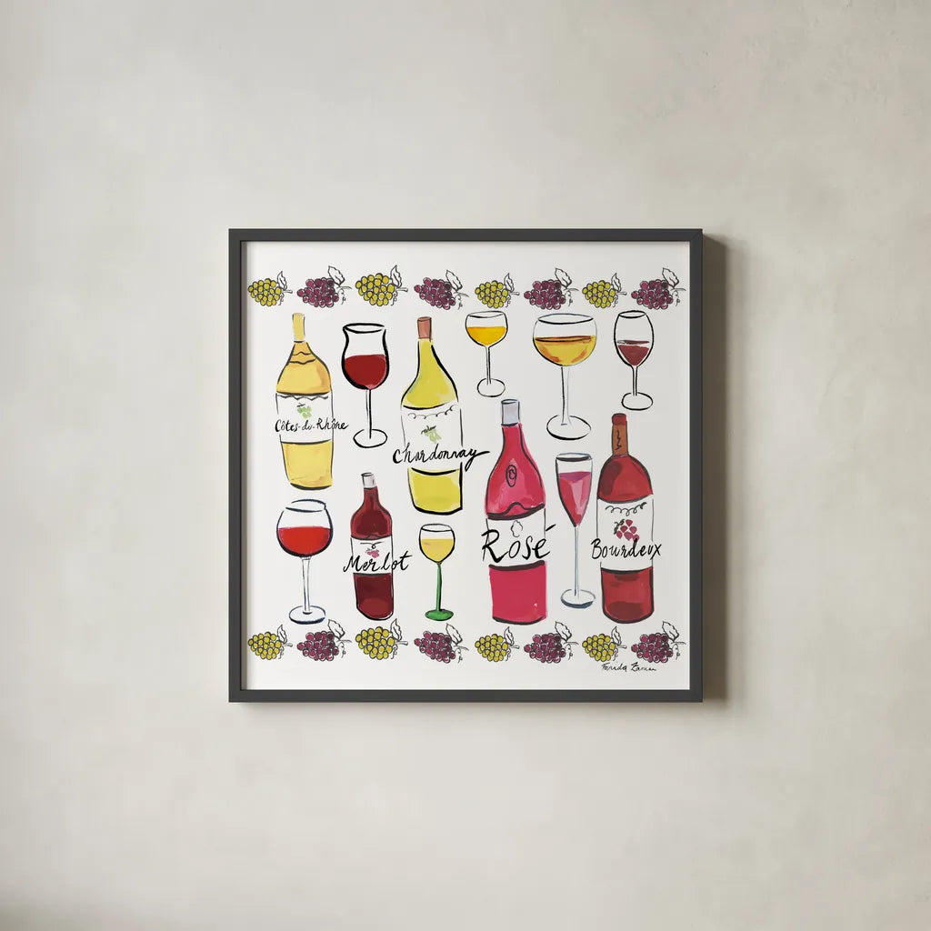 Wine Time I by Farida Zaman. Shown in a sleek black glass frame for a contemporary gallery look. Available as an archival giclee rolled canvas, fine art paper, or poster print. SKU 33581a.