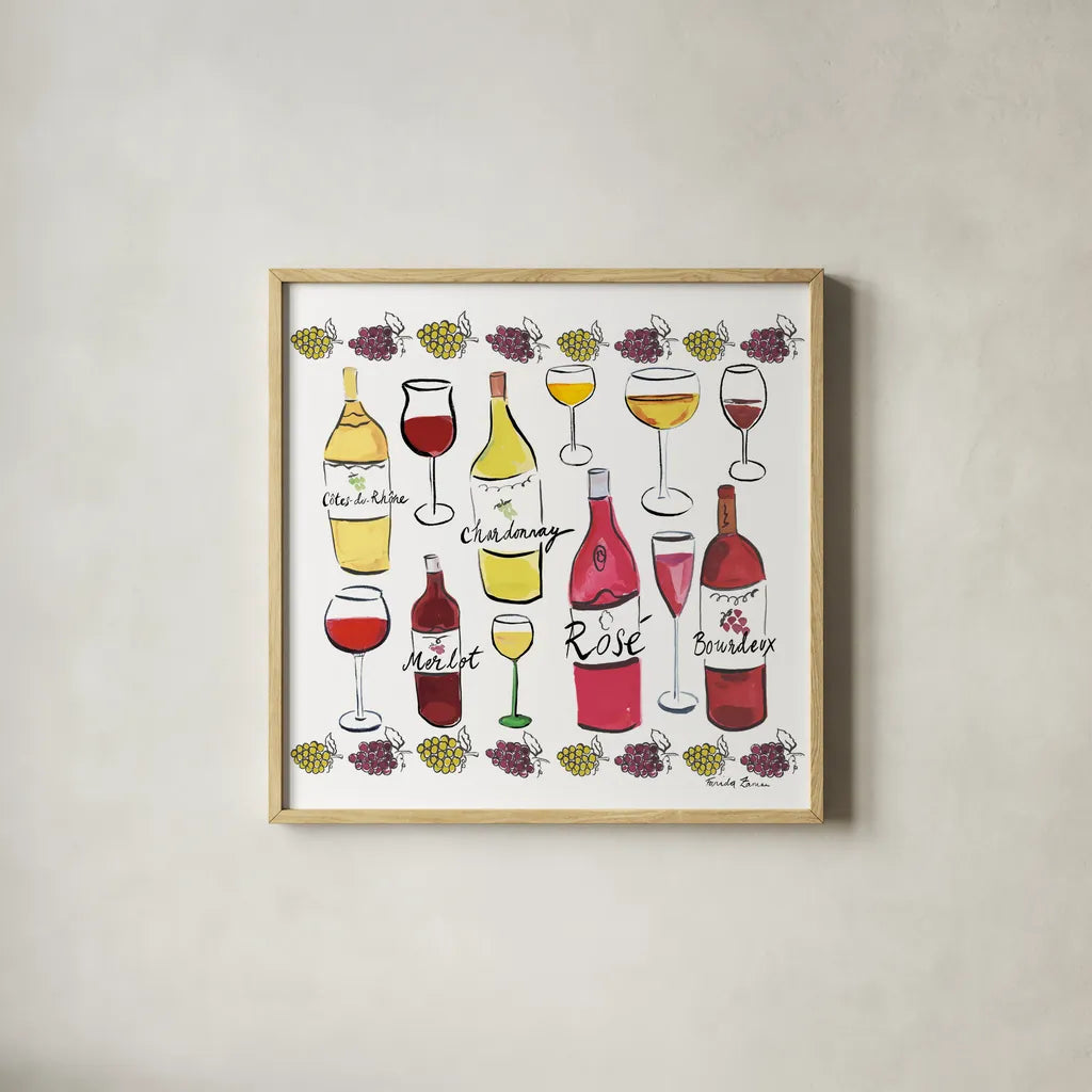 Wine Time I by Farida Zaman. Shown in a natural wood glass frame for a timeless modern aesthetic. Available as an archival giclee rolled canvas, fine art paper, or poster print. SKU 33581a.