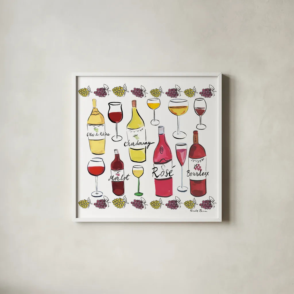 Wine Time I by Farida Zaman. Shown in a crisp white glass frame for a clean and minimalist style. Available as an archival giclee rolled canvas, fine art paper, or poster print. SKU 33581a.