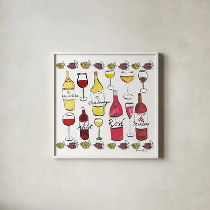 Wine Time I by Farida Zaman. Shown in a crisp white glass frame for a clean and minimalist style. Available as an archival giclee rolled canvas, fine art paper, or poster print. SKU 33581a.