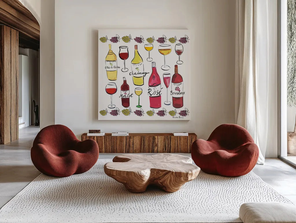 Wine Time I by Farida Zaman. Shown as extra-large giant wall art in a modern living room. Available as an archival giclee rolled canvas, fine art paper, or poster print. SKU 33581a.