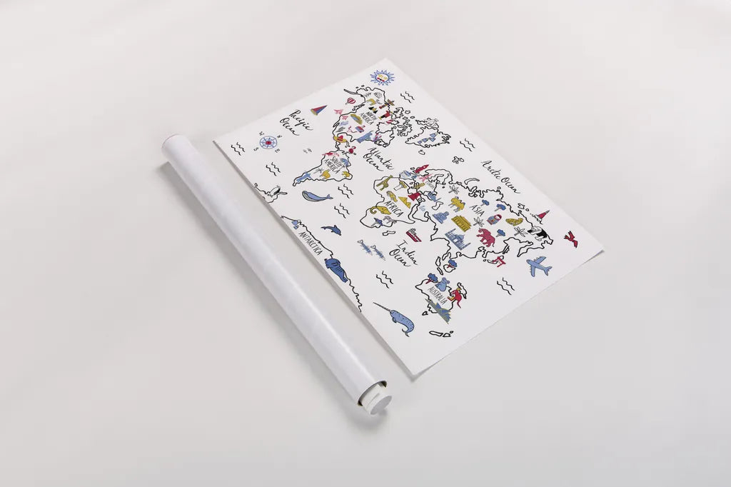 World Map by Farida Zaman. shown as a rolled paper print. Available as archival giclee rolled canvas, fine art paper, or poster print. SKU 66043i.