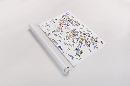 World Map by Farida Zaman. shown as a rolled paper print. Available as archival giclee rolled canvas, fine art paper, or poster print. SKU 66043i.