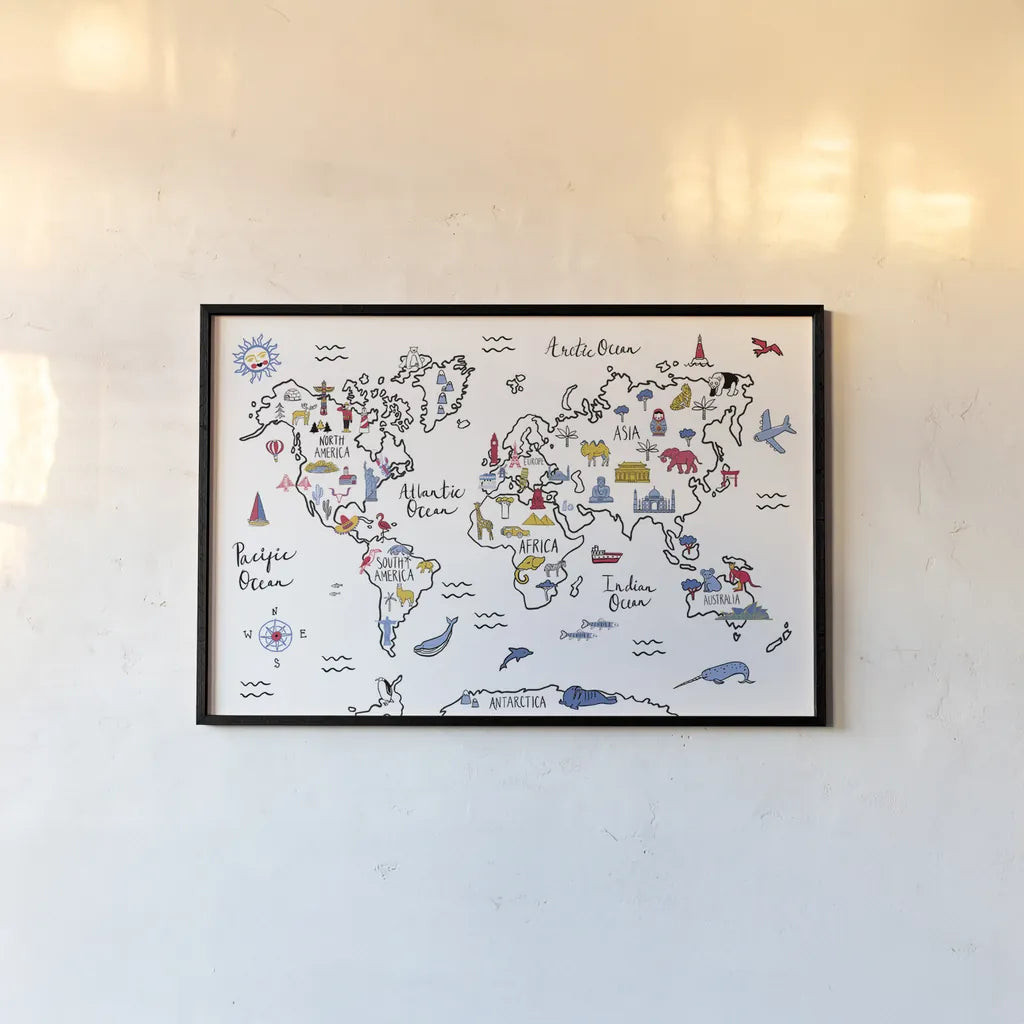 World Map by Farida Zaman. shown as a paper print in a black flame. Available as a archival giclee rolled canvas, fine art paper, or poster print. SKU 66043i.