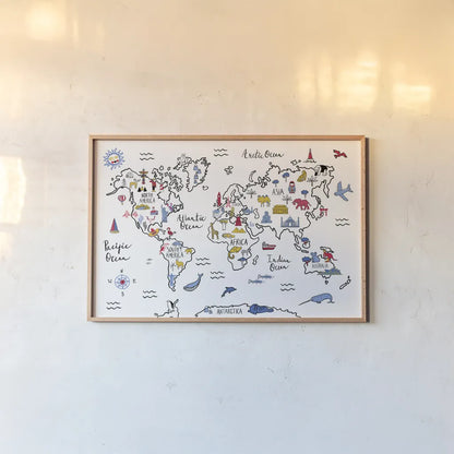 World Map by Farida Zaman. shown as a paper print in a natural frame. Available as a archival giclee rolled canvas, fine art paper, or poster print. SKU 66043i.