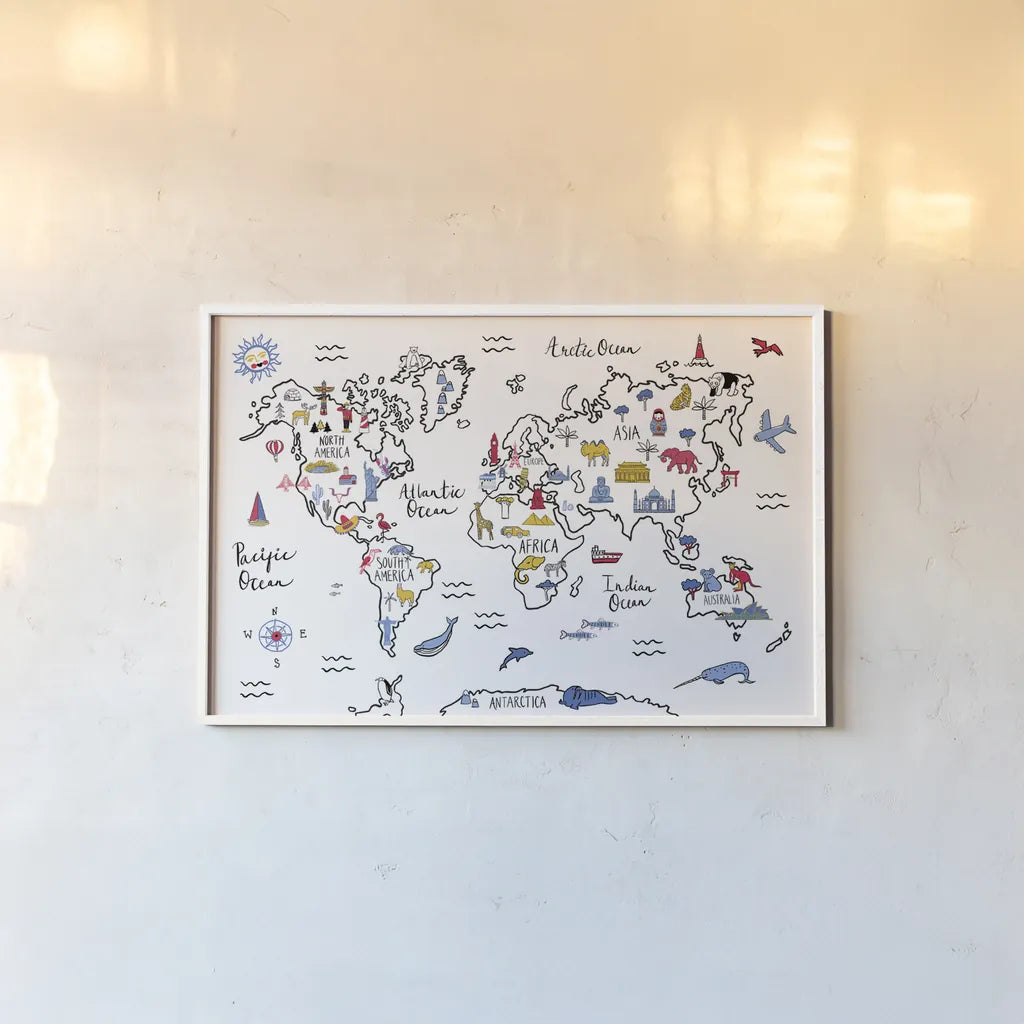 World Map by Farida Zaman. shown as a paper print in a white frame. Available as a archival giclee rolled canvas, fine art paper, or poster print. SKU 66043i.