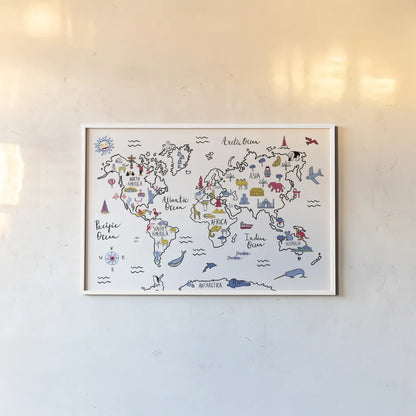 World Map by Farida Zaman. shown as a paper print in a white frame. Available as a archival giclee rolled canvas, fine art paper, or poster print. SKU 66043i.