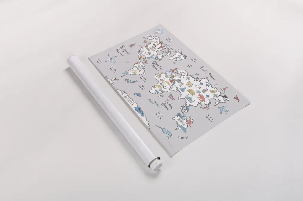World Map Pastel by Farida Zaman. shown as a rolled paper print. Available as archival giclee rolled canvas, fine art paper, or poster print. SKU 66679i.