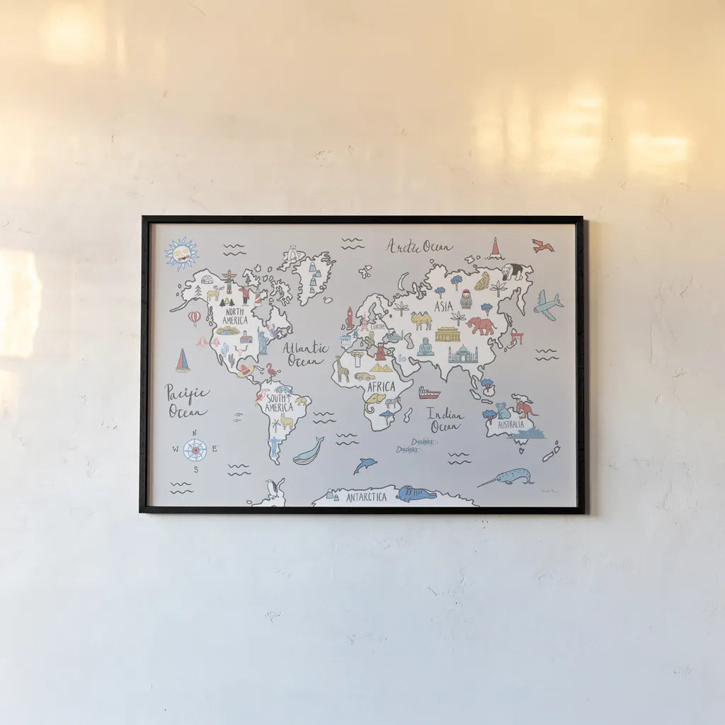 World Map Pastel by Farida Zaman. shown as a paper print in a black flame. Available as a archival giclee rolled canvas, fine art paper, or poster print. SKU 66679i.
