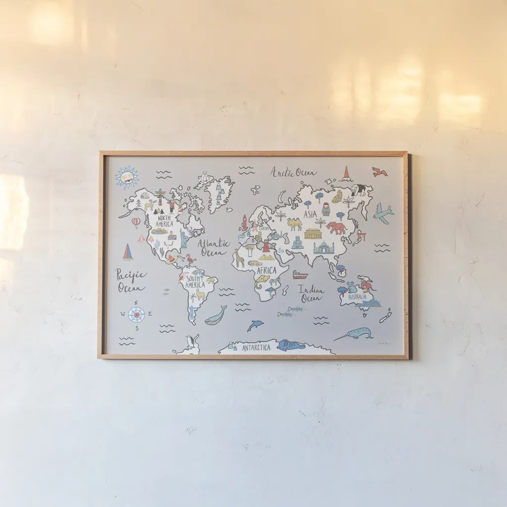World Map Pastel by Farida Zaman. shown as a paper print in a natural frame. Available as a archival giclee rolled canvas, fine art paper, or poster print. SKU 66679i.