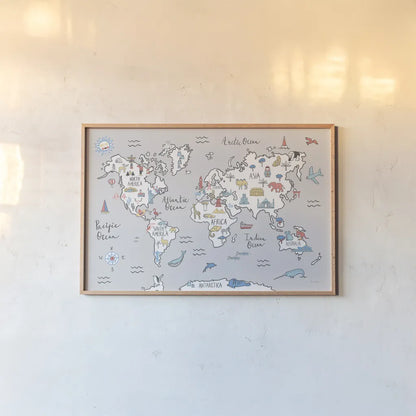 World Map Pastel by Farida Zaman. shown as a paper print in a natural frame. Available as a archival giclee rolled canvas, fine art paper, or poster print. SKU 66679i.